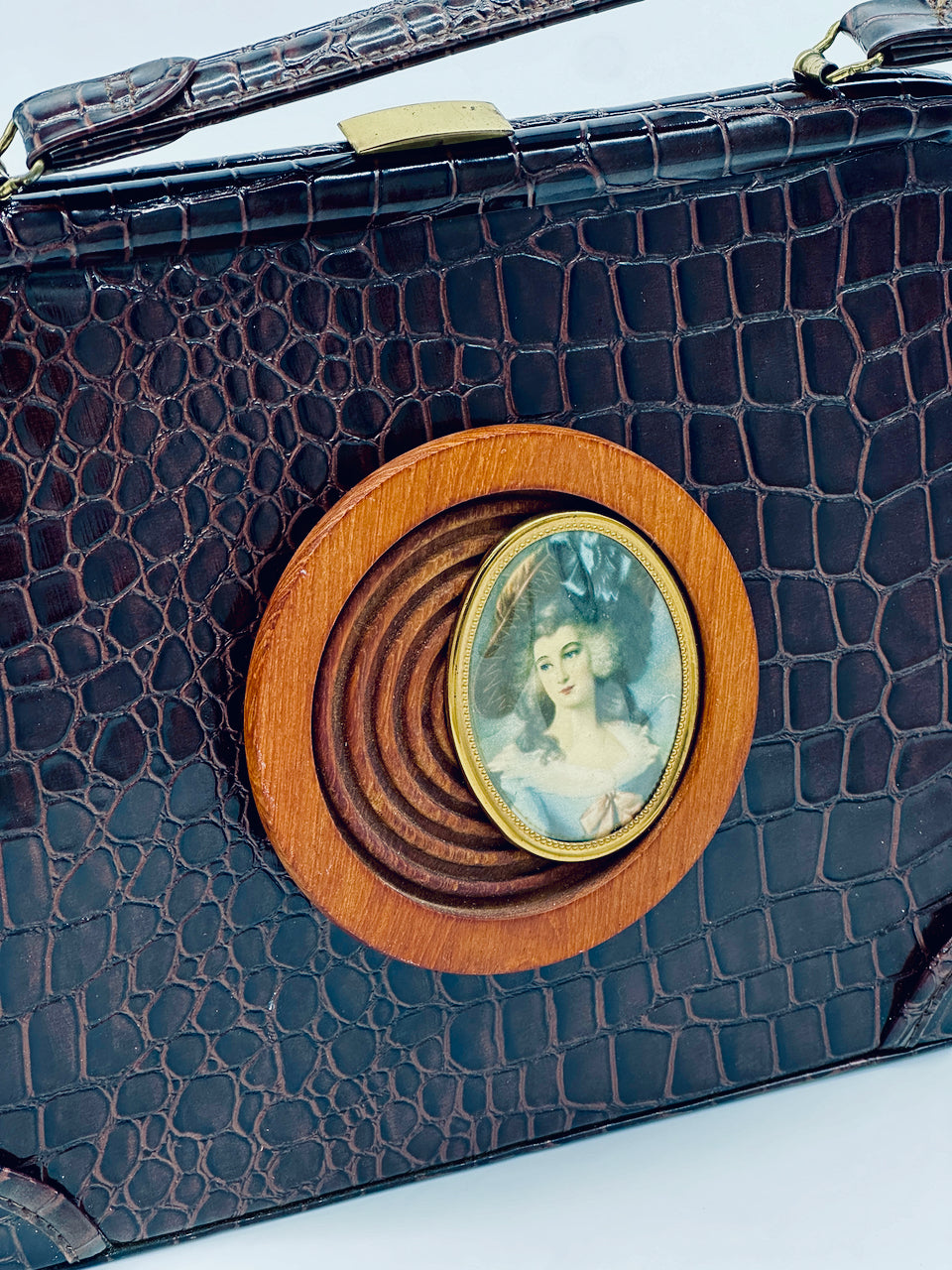 Lady Blue Bell on Brown Croco Print Vintage Handbag