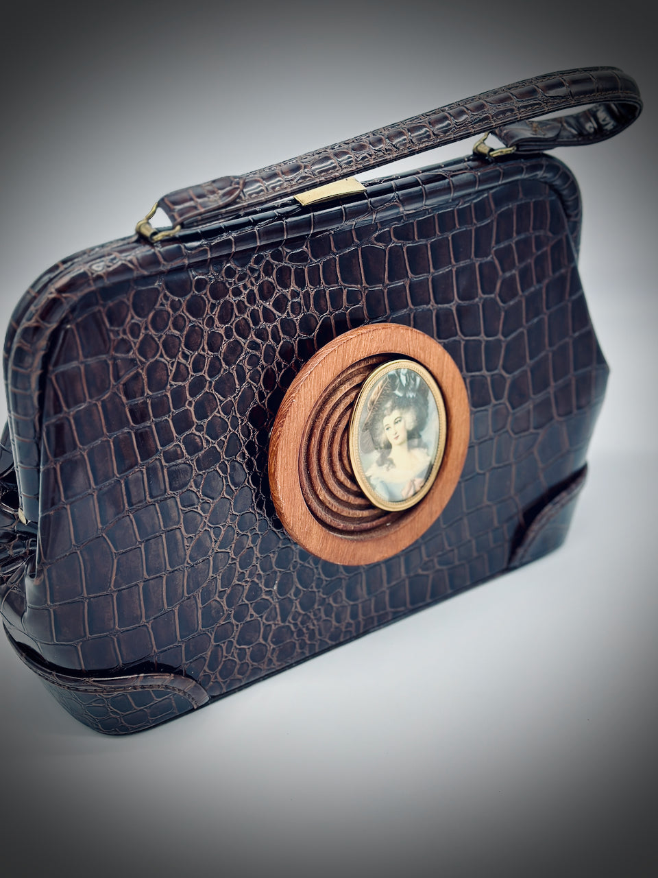 Lady Blue Bell on Brown Croco Print Vintage Handbag