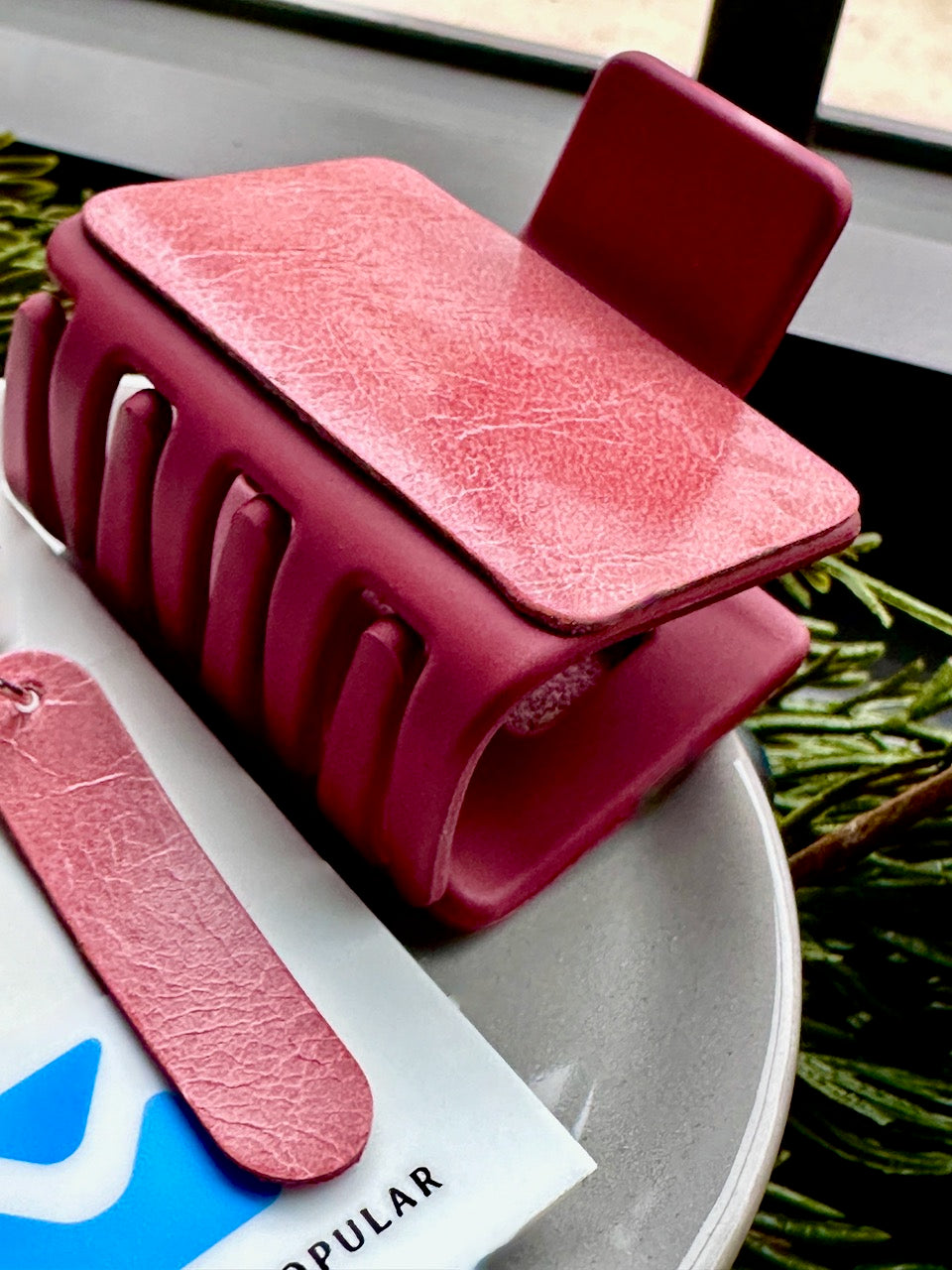 Salmon Pink Leather Hair Claw Clip and Earrings Set