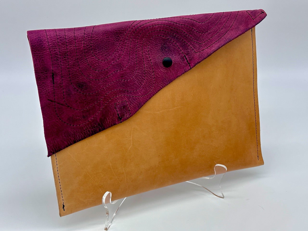 Large Clutch Purse Handbag Tan and Reddish Purple with Decorative Stitching