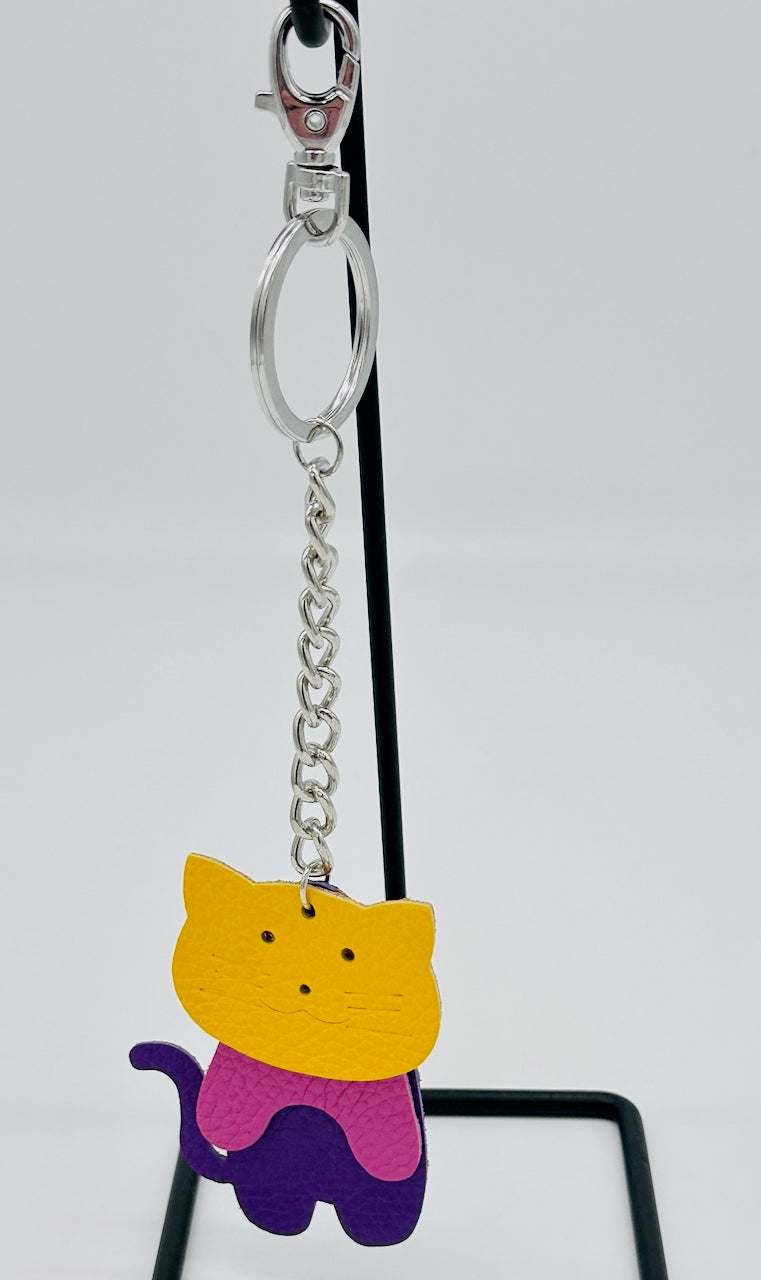 hanging leather cat key chain purse fob in yellow, pink and purple leather