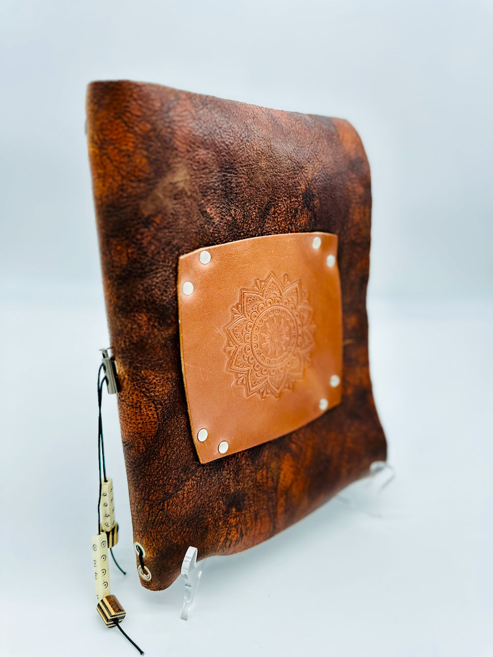 front side angle of mandala leather journal from undercover popular leather goods